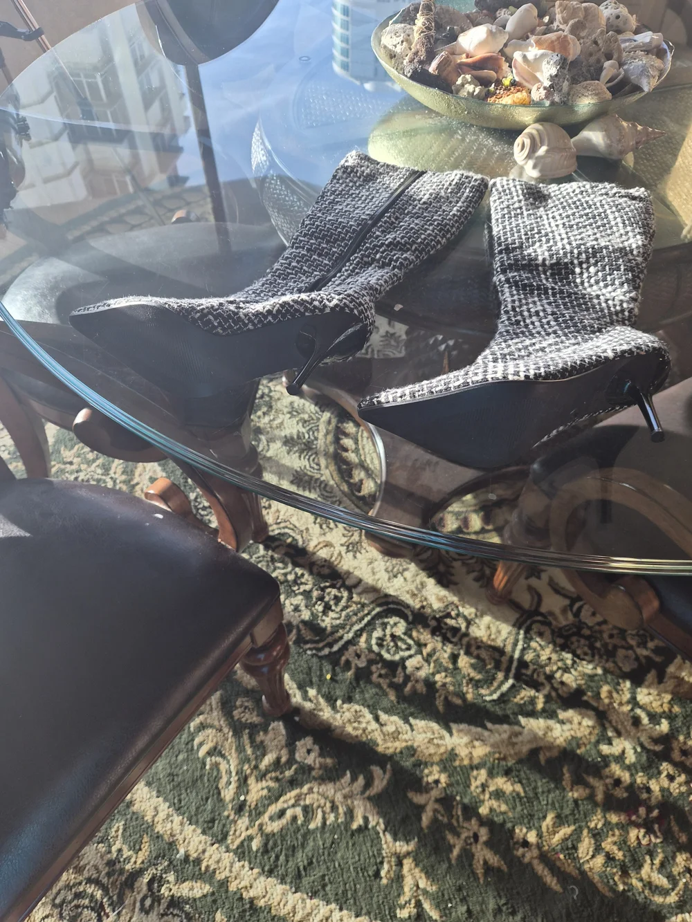 Black & White Tweed Knee-High Pointed Toe Stiletto Boots